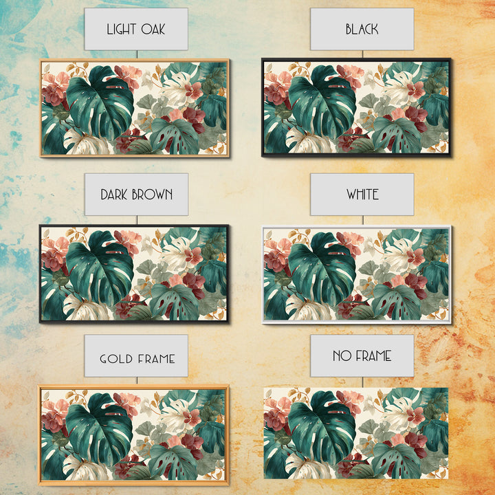 Lush Monstera Leaves Framed Canvas Print, Tropical Art, Pink Wall Art, Living Room Decor, Fine Art, Tropic, Coastal Art, TRO-2x1-45