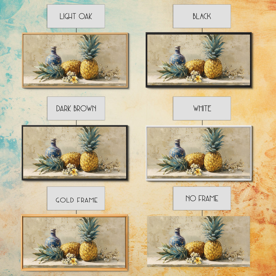 Pineapple and Palm Still Life Framed Canvas Print, Tropical Art, Decor, Living Room Decor, Fine Art, Tropic, Bird Art, TRO-2x1-50