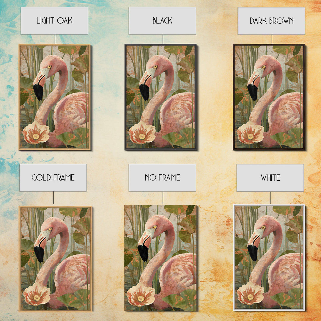 Pink Flamingos Among Tropical Water Plants Canvas Print, Tropical Art, Contemporary Art, Living Room Decor, Fine Art, Tropic, TRO-2x3-10