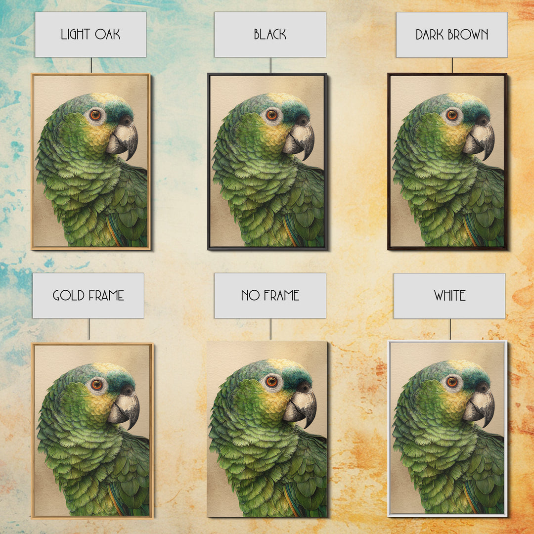 Parrot Portrait with Emerald Feathers Framed Canvas Print, Tropical Art, Print, Living Room Decor, Oil Painting, Tropic, TRO-2x3-64