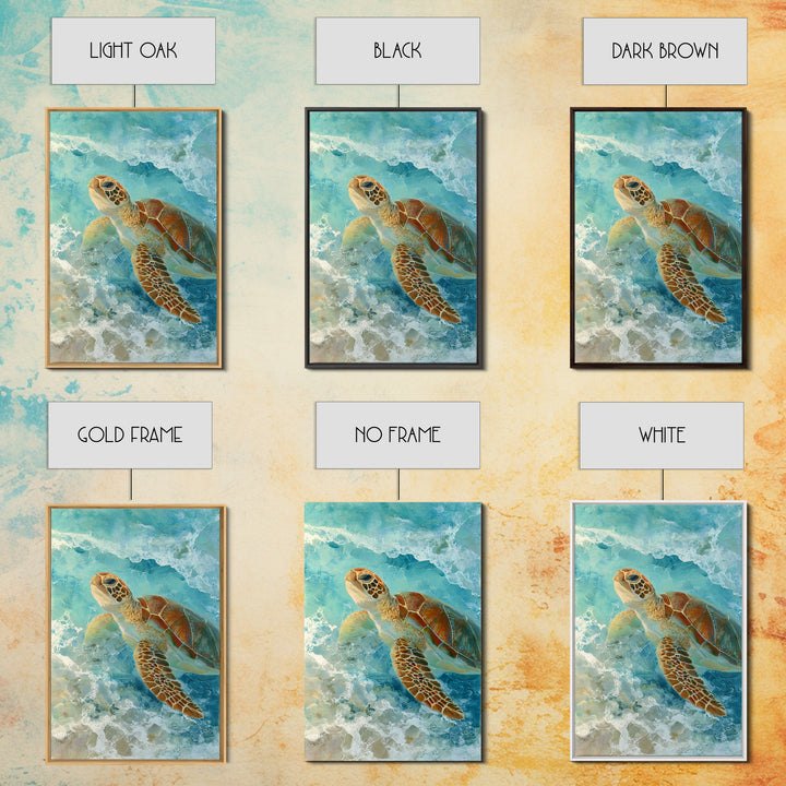 Sea Turtle Near Tropical Reef Framed Canvas Print, Tropical Art, Abstract Painting, Living Room Decor, Fine Art, Tropic, TRO-2x3-75