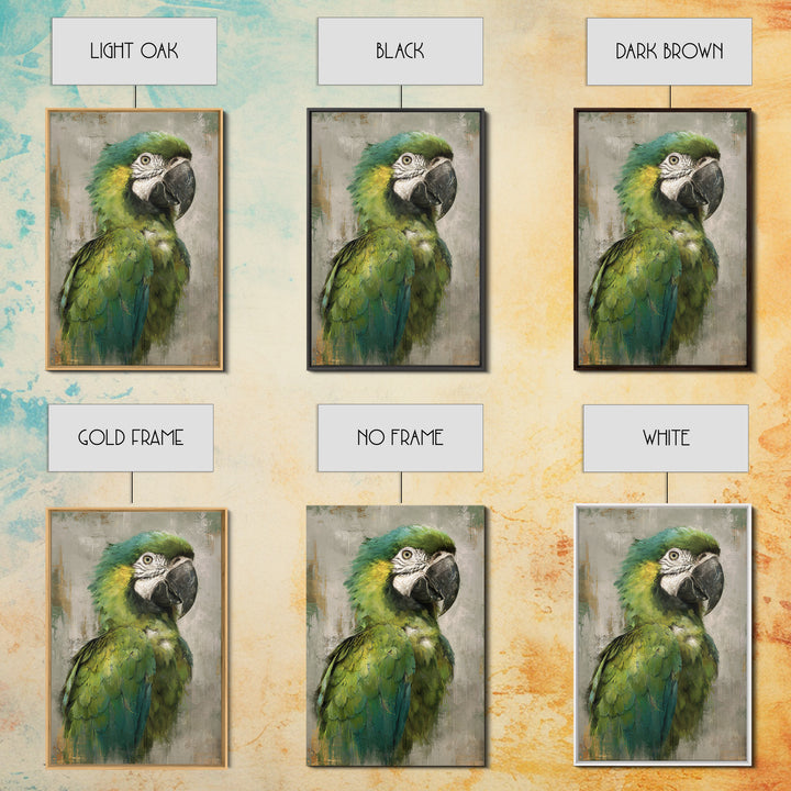 Parrot Portrait with Emerald Feathers Framed Canvas Print, Tropical Art, Set of 3 Prints, Living Room Decor, Fine Art, Tropic, TRO-2x3-88