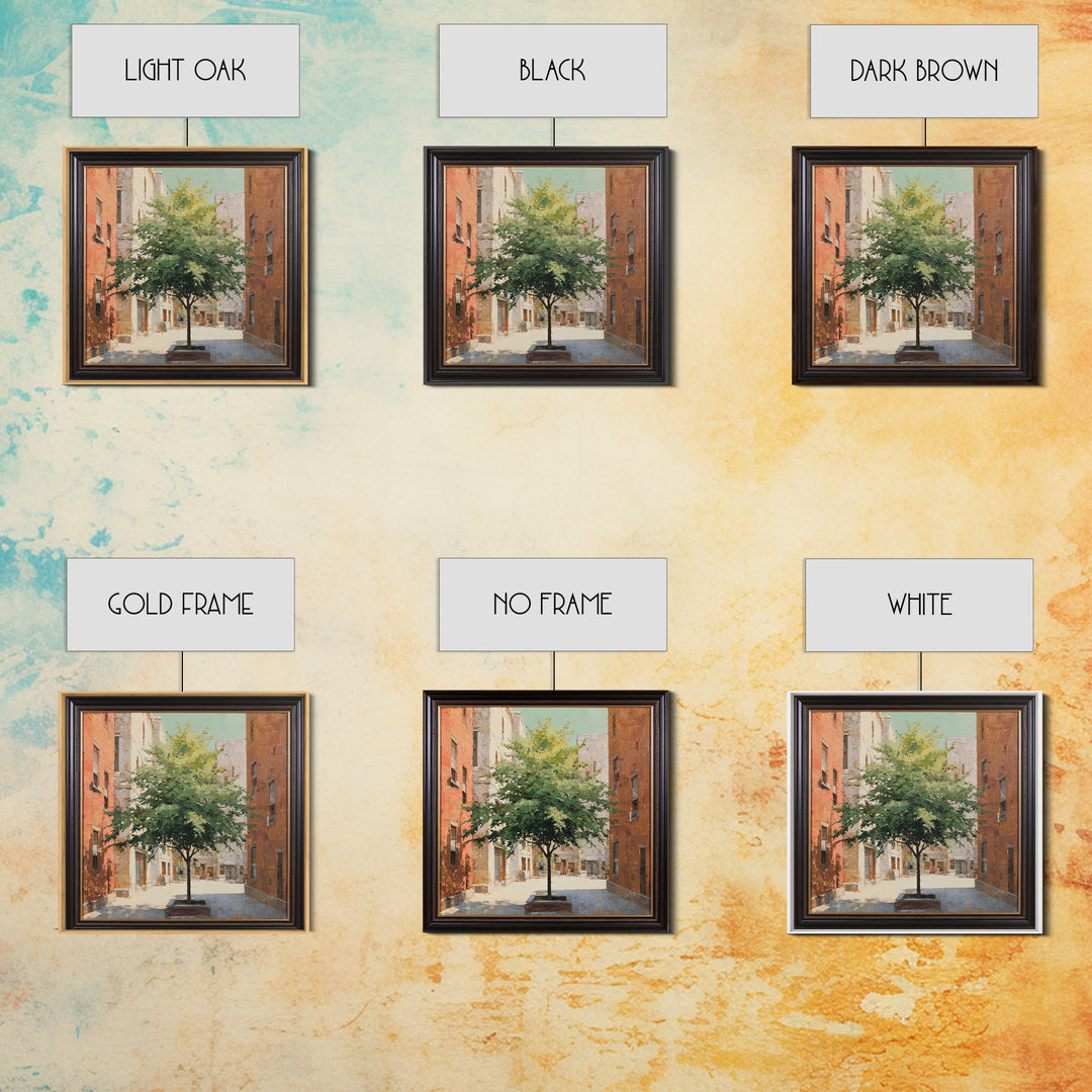 City Park Tree Framed by Buildings Framed Canvas Print, Urban Art, Colorful Wall Art, Living Room Decor, Abstract Art, Urban, URB-1x1-66