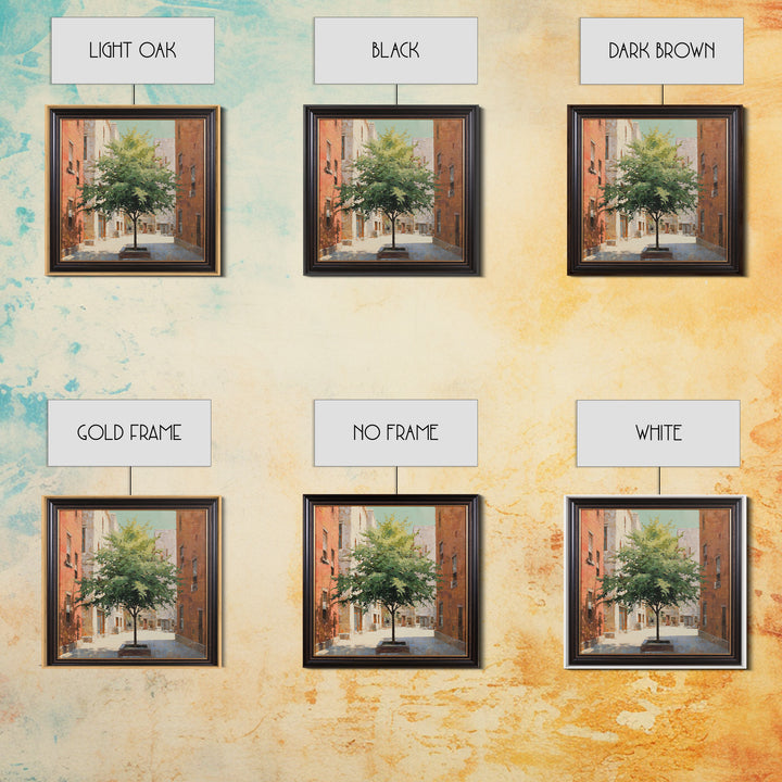 City Park Tree Framed by Buildings Framed Canvas Print, Urban Art, Colorful Wall Art, Living Room Decor, Abstract Art, Urban, URB-1x1-66