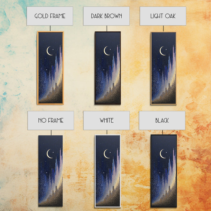 Night Skyline under Crescent Moon Framed Canvas Print, Urban Art, Original Art, Living Room Decor, Urban, Black Woman Art, URB-1x3-84