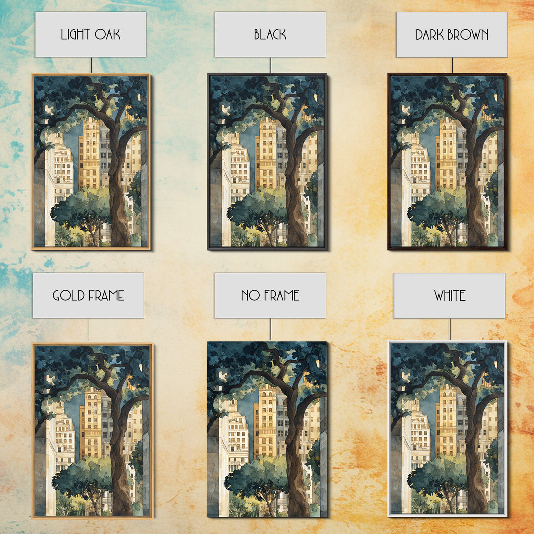 City Park Tree Framed by Buildings Framed Canvas Print, Urban Art, Boho Decor, Living Room Decor, Abstract Art, Urban, URB-2x3-2