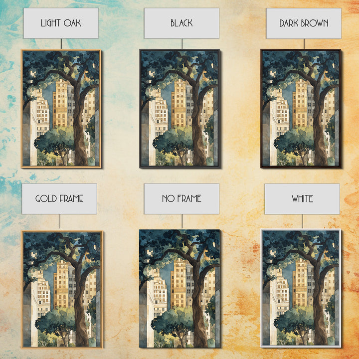 City Park Tree Framed by Buildings Framed Canvas Print, Urban Art, Boho Decor, Living Room Decor, Abstract Art, Urban, URB-2x3-2