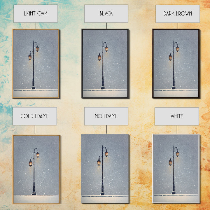 Streetlamp and Falling Snow Framed Canvas Print, Urban Art, Contemporary Art, Living Room Decor, Oil Painting, Urban, URB-2x3-21