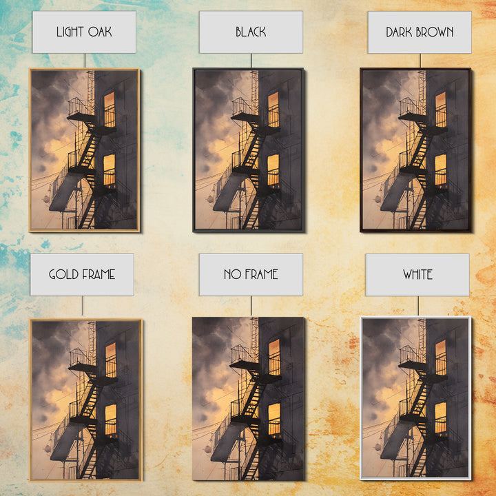 Fire Escape Silhouette Framed Canvas Print, Urban Art, Contemporary Art, Living Room Decor, Fine Art, Urban, Black Art, URB-2x3-34