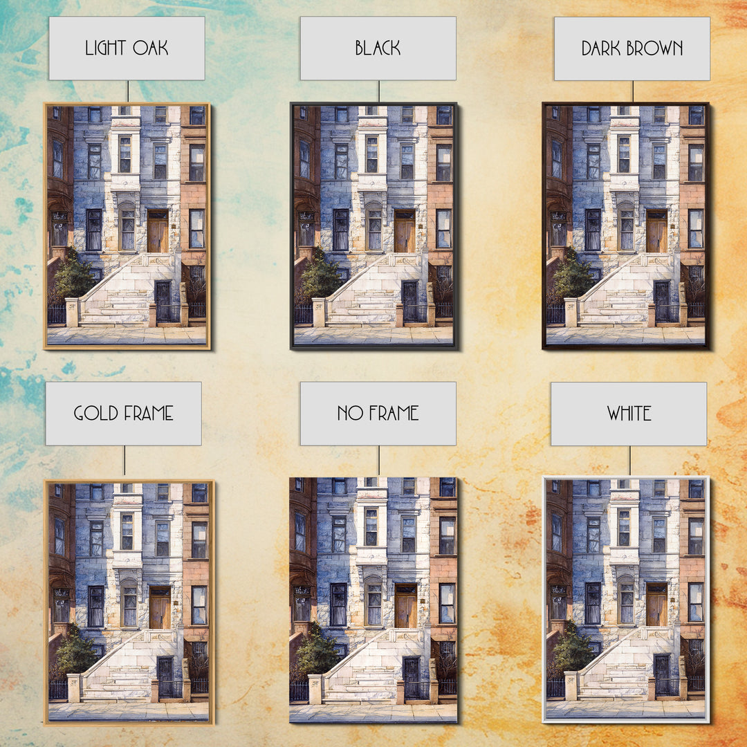 Brownstone Row in Soft Morning Light Framed Canvas Print, Urban Art, Art Deco, Living Room Decor, Urban, Book Shelf Decor, URB-2x3-68