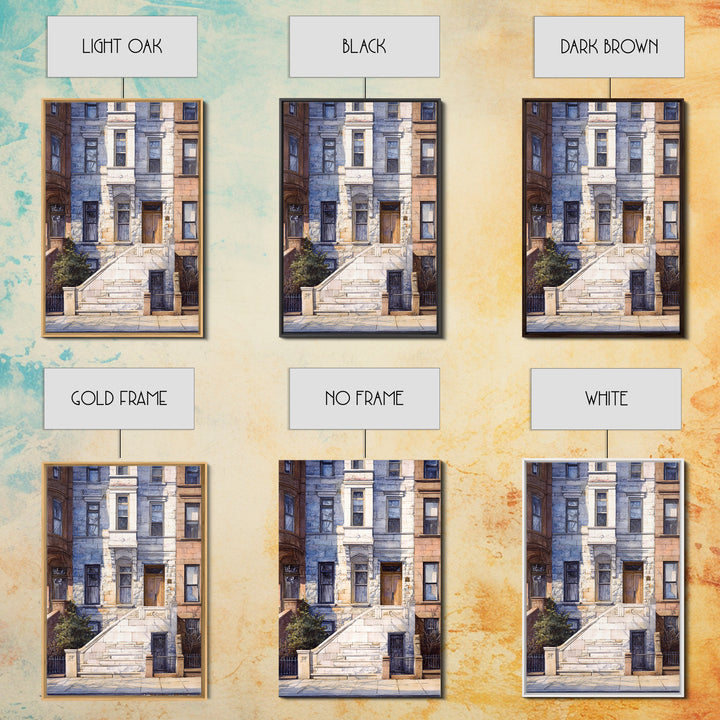 Brownstone Row in Soft Morning Light Framed Canvas Print, Urban Art, Art Deco, Living Room Decor, Urban, Book Shelf Decor, URB-2x3-68