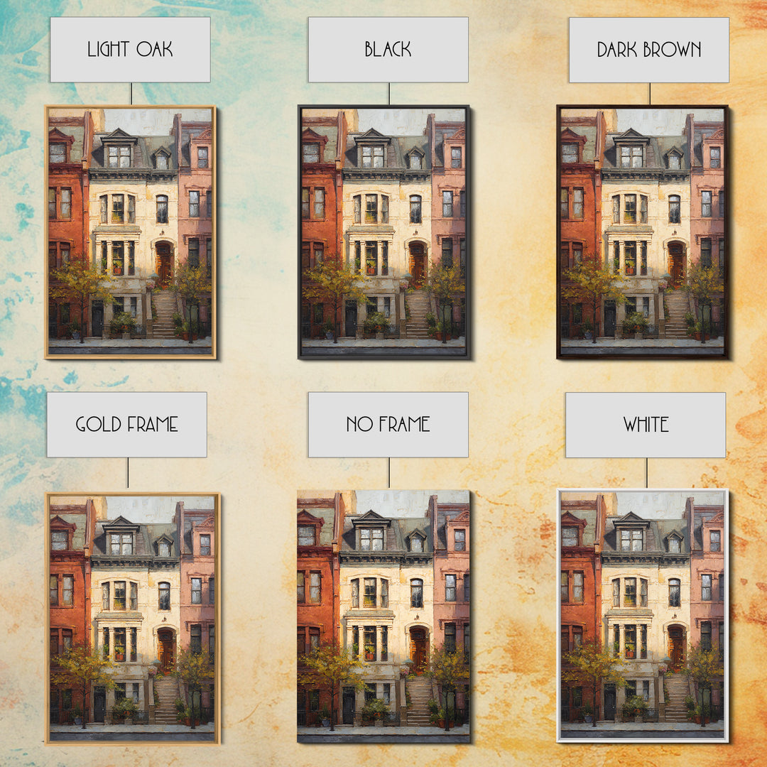Brownstone Row in Soft Morning Light Framed Canvas Print, Urban Art, Gallery Decor, Living Room Decor, Abstract Art, Urban, URB-2x3-92