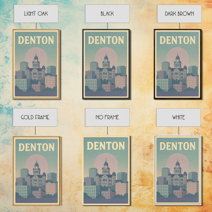 Denton Travel Poster, Framed Canvas Print, Vaporwave Skyline Wall Art, Denton Poster Print, Living Room Wall Art, Modern Wall Decor