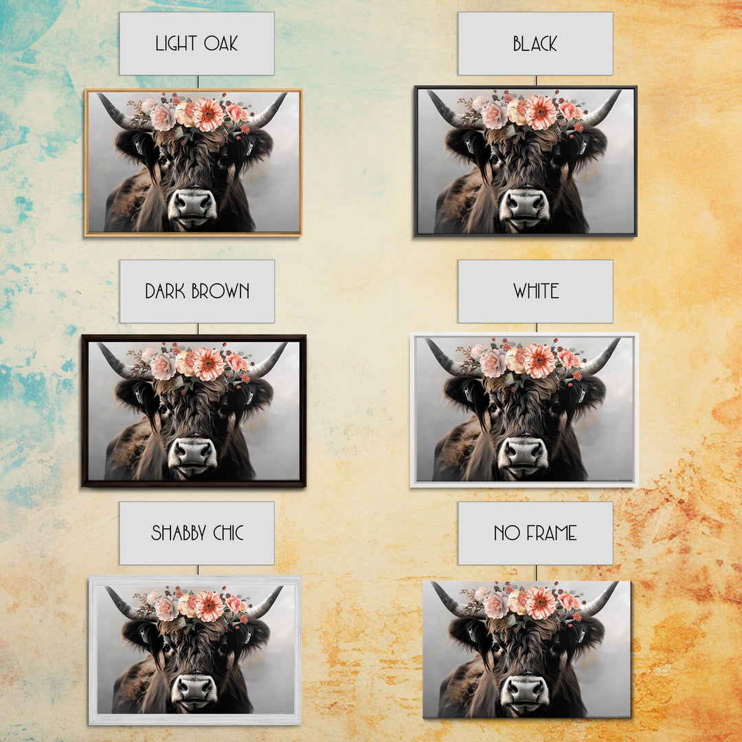 Framed Canvas Wall Art, Cute Cow Wearing Flowers, Farmhouse Decor, Farmhouse Wall At, Extra Large Boho Decor, Modern Art, Minimalist Rustic