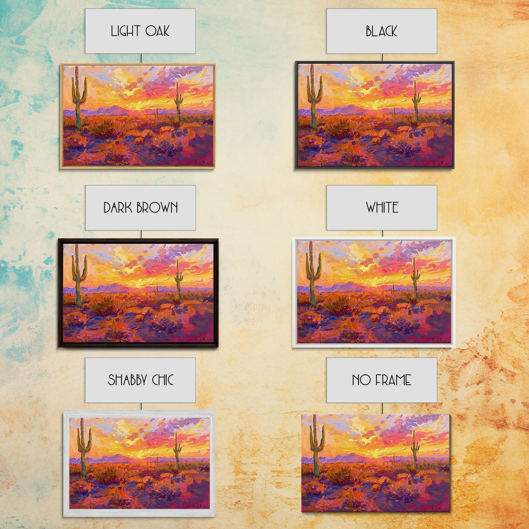Desert Cactus Sunset Painting Framed Canvas Print, Western Decor, Southwest Wall Art, Arizona Painting, Landscape Painting, Farmhouse Decor