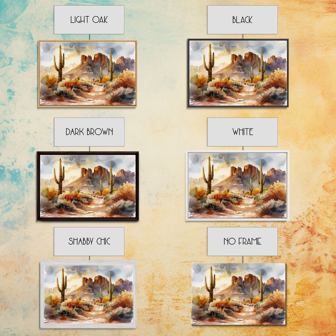 The Desert At Sunset Framed Canvas Print, Watercolor Painting, Original Wall Art Home Decor, Boho Style Farmhouse Wall Art