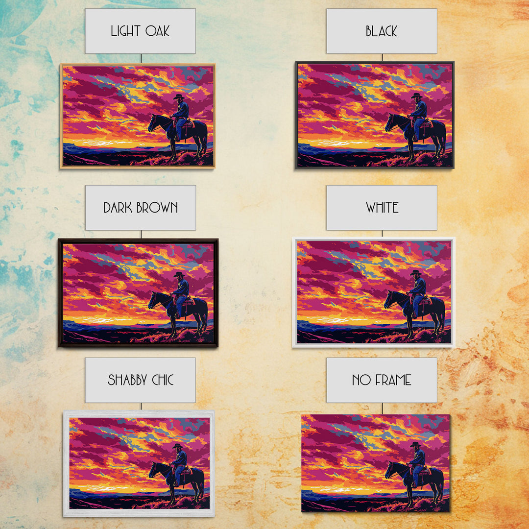 The Cowboy Rides At Sunset, Living Room Art, Framed Canvas Print Original Art, Watercolor Painting, Cowboy Painting, Rustic Western Decor