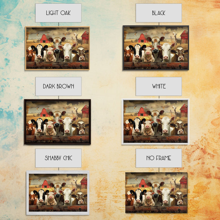 Farm Animals On The Fence, Framed Canvas Print, Cute Animal Decor, Bathroom Wall Art, Illustration, Home Decor