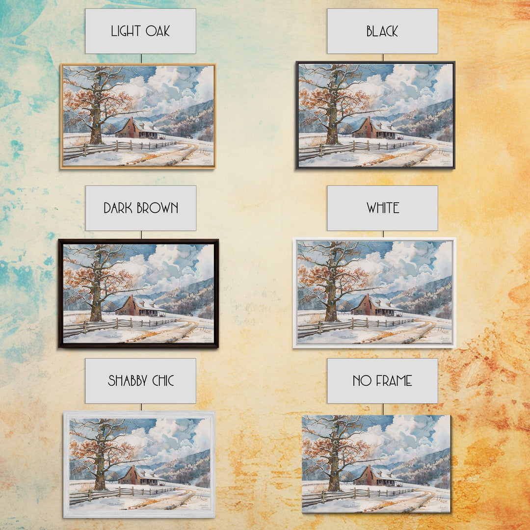 Painting Of A Farmhouse In The Winter, Cottagecore, Framed Canvas Print, Kitsch Home Decor, Western Country Art, Living Room Decor