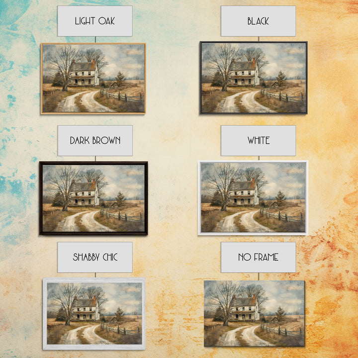 Old Country Roads Framed Wall Art Canvas Print, Water Color Painting Of A Rustic Cottage, Texas Decor, Southwest Wall Art