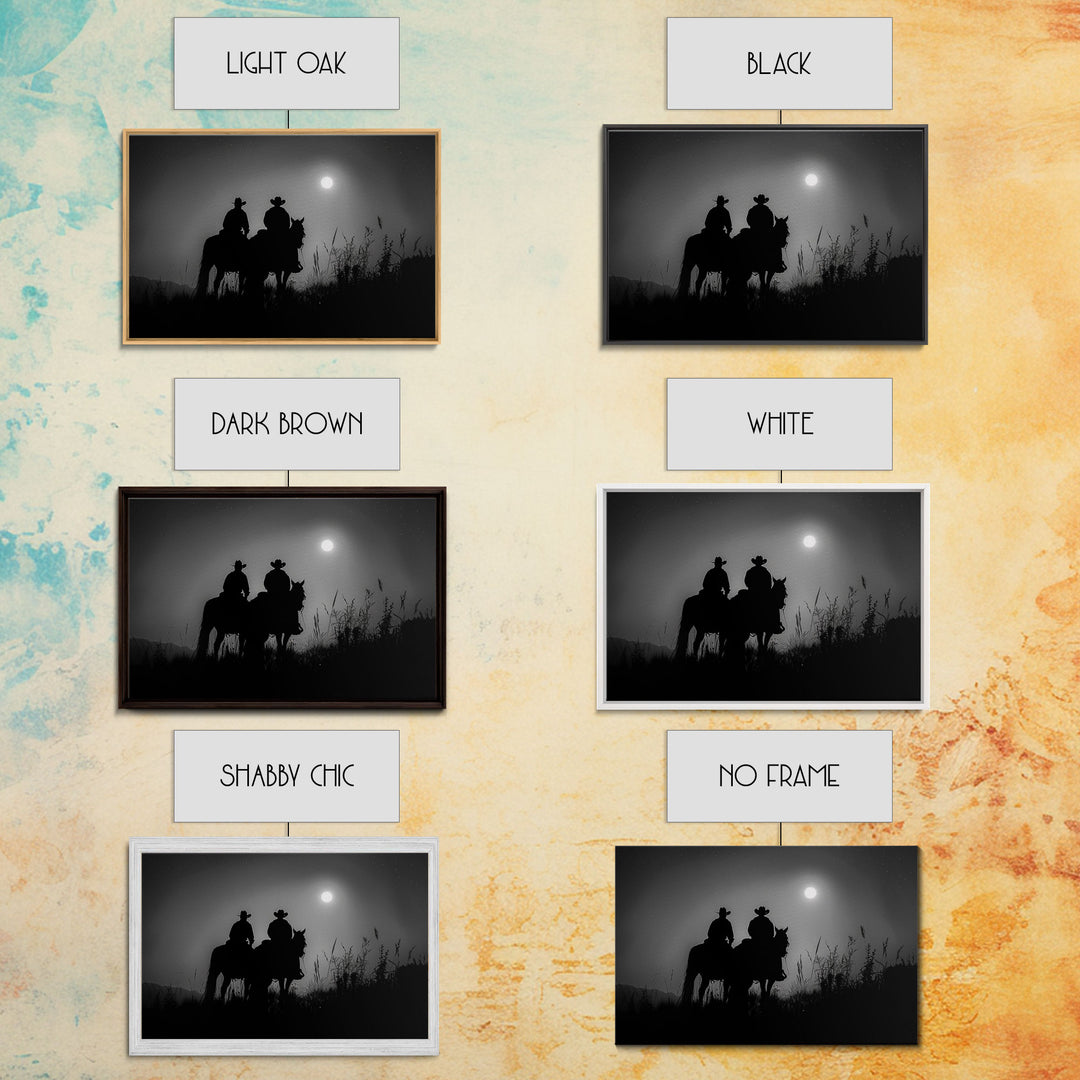 Cowboys Under A Full Moon, Framed Canvas Print, Black and White Western Photography, Wild West Art, Western Decor, Farmhouse Country Art