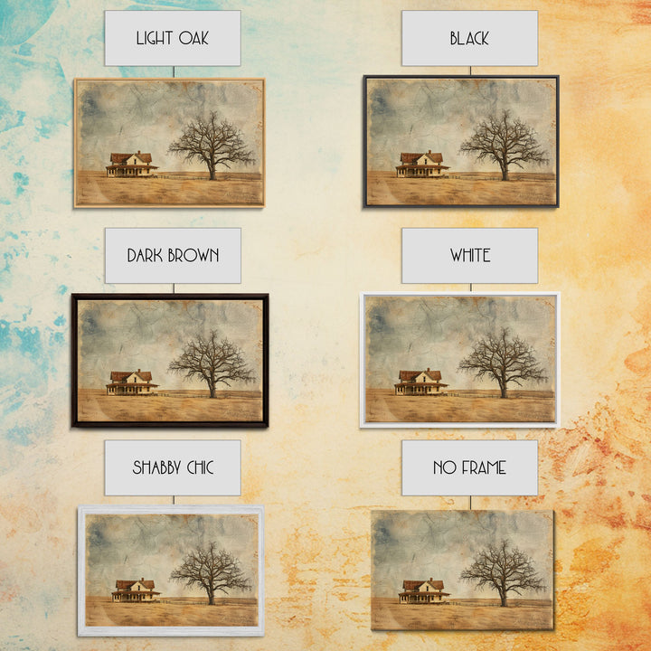 Little Farmhouse On A Texas Prairie Framed Canvas Print, Original Rustic minimalist Art, Wood Frame Rustic Home Decor