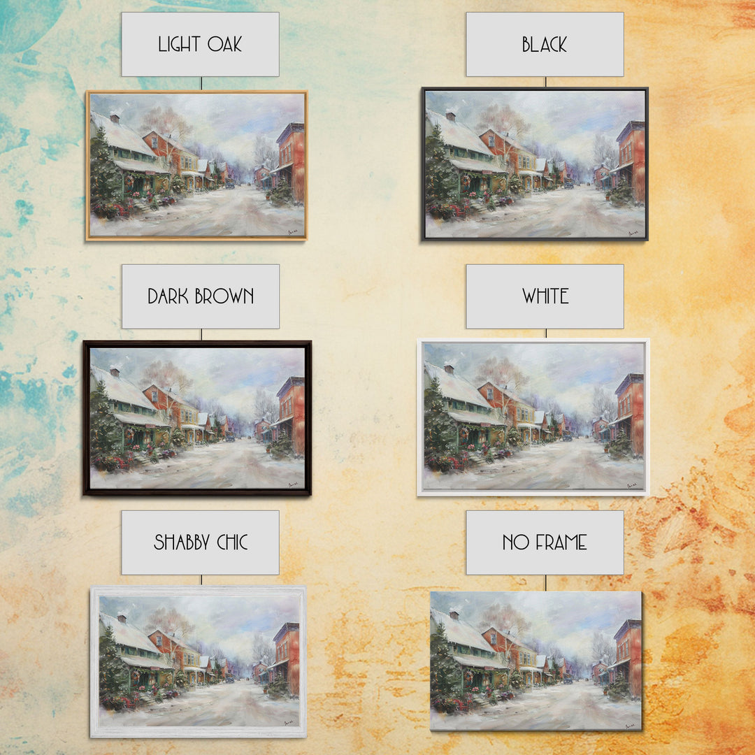 Small Town America At Christmas Time, Framed Canvas Print, Winter Scenary Wall Decor, Folk Art Framed Canvas, Metal Wall Art Living Room