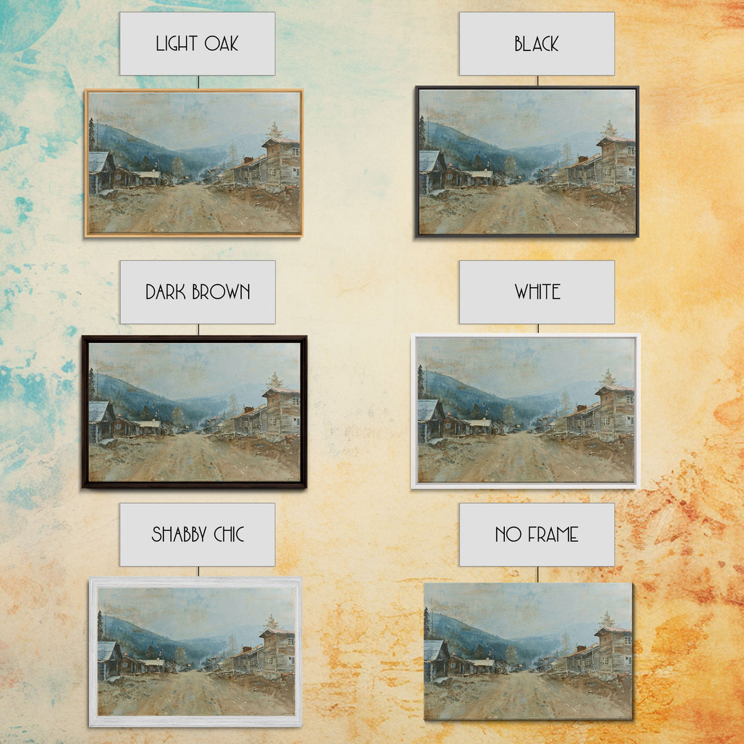 Wild West Boom Town Framed Canvas Print, Original Watercolor Painting Art Print, Wood Frame Art, Rustic / Minimalist Home Decor Art