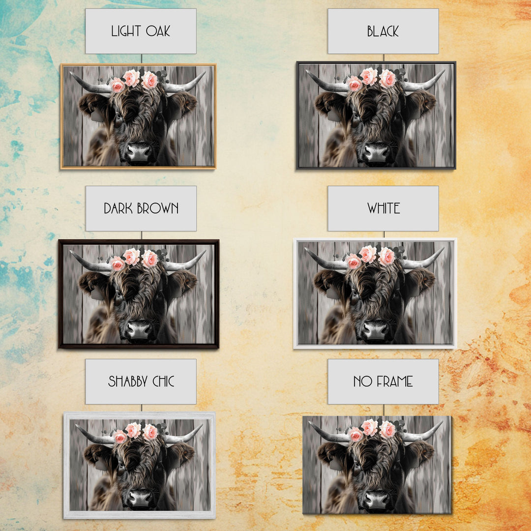 Framed Canvas Wall Art, Cute Highland Cow Print, Modern Wall Art Farmhouse Decor, Fun Rustic Farmhouse Art, Life On The Farm, Cow and Flower