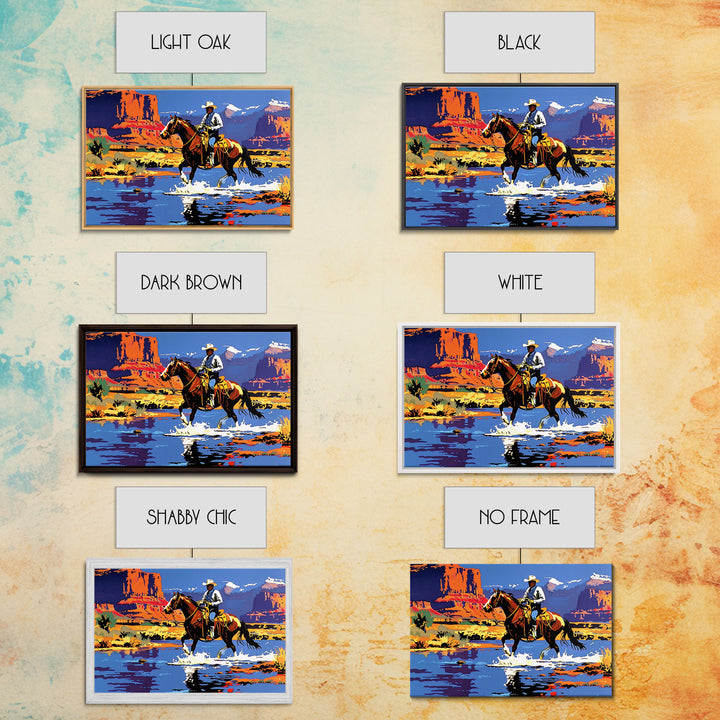 Crossing The Colorado River, Framed Canvas Print, Kitsch Western Wall Art, Colorful Western Painting Original Artwork, Pop Art Painting