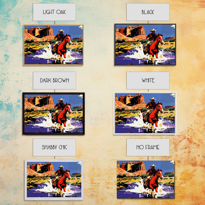 Crossing The Colorado River, Framed Canvas Print, Kitsch Western Wall Art, Colorful Western Painting Original Artwork, Pop Art Painting