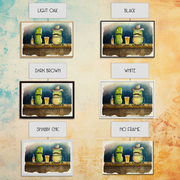 Funny Pickles In A Bar, Watercolor Painting Print, Framed Wall Art, Funny Decor, Kitsch Art, Framed Canvas Pickle Art