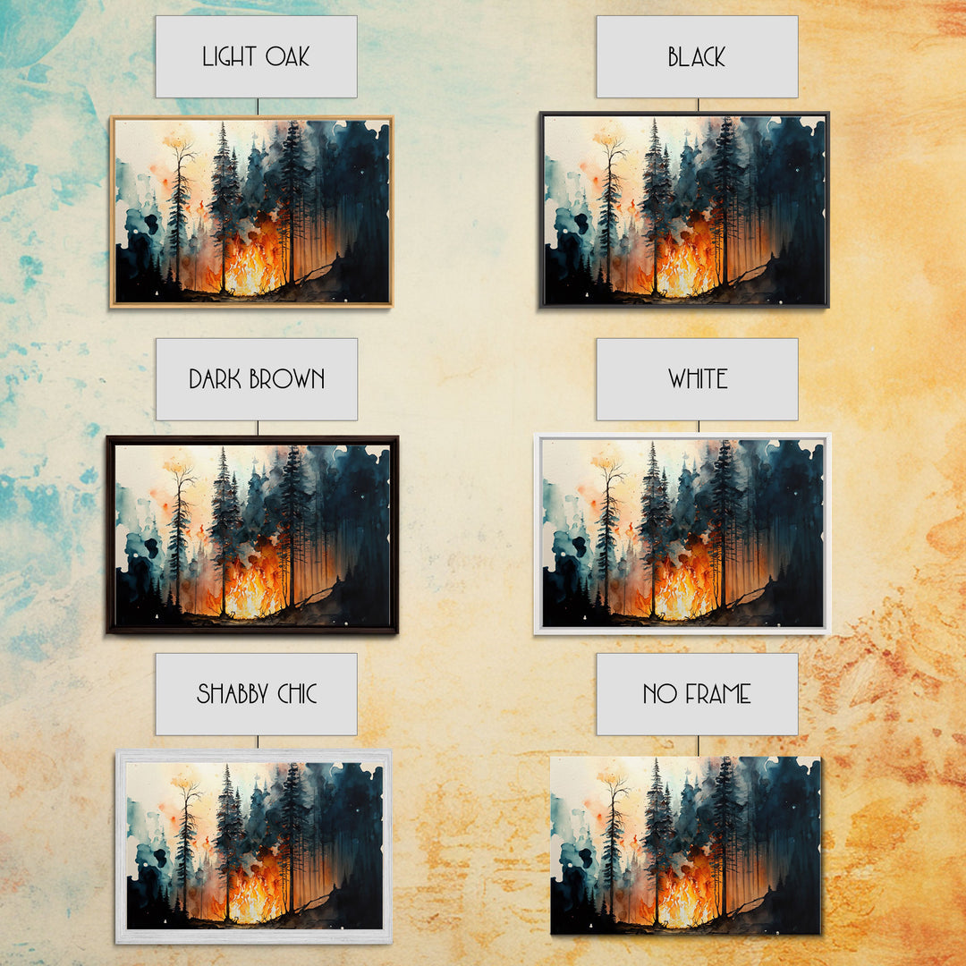 Watercolor Painting Print Of a Forest Fire, Framed Wall Art, Rustic Decor, Pine Tree Forest Print, Living Room Art, Bed Room Wall Art