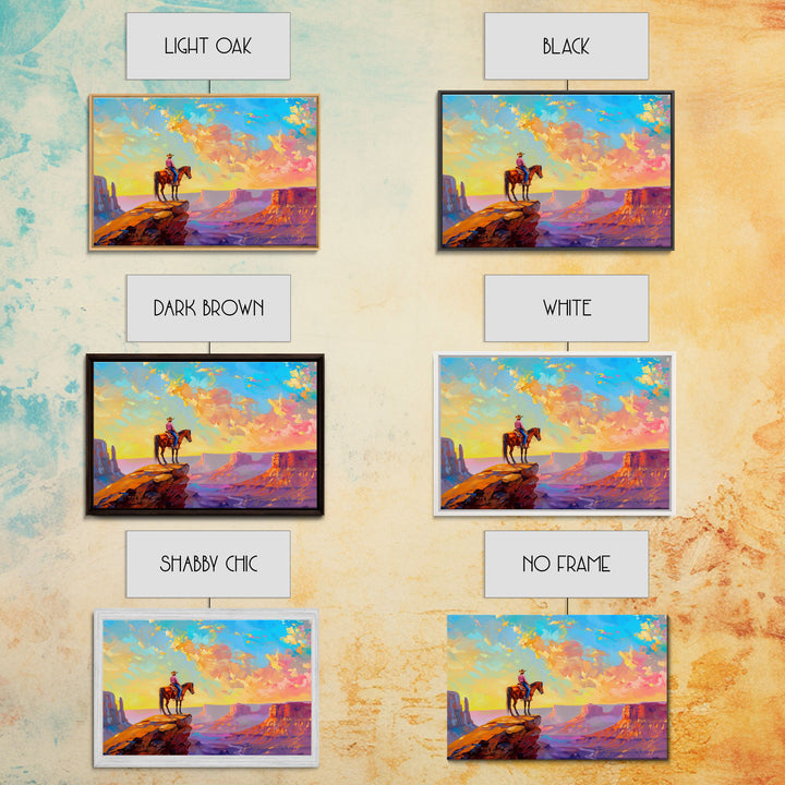 Western Art Print, Vintage / Retro Cowboy Wall Art, Framed Canvas or Metal Art, Midcentury Modern Watercolor Painting, Cowboy at Sunset