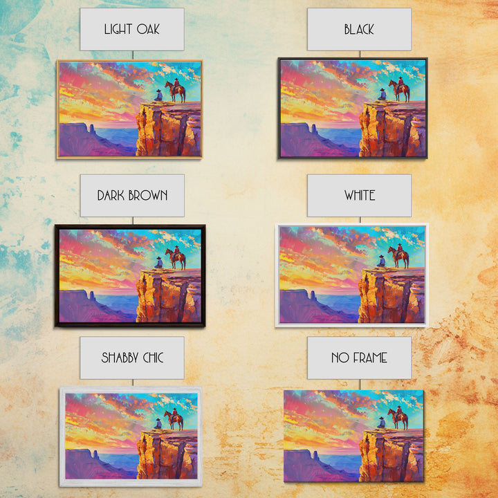 Wild West Art Print, Vintage / Retro Cowboy Wall Art, Framed Canvas or Metal Art, Midcentury Modern Watercolor Painting, Cowboy at Sunset