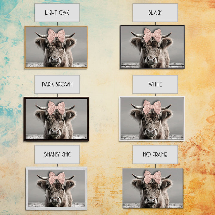 Framed Canvas Print, Cute Highland Cow Wearing A Pink Bowtie, Framed Wall Decor, Rustic Minimalist Farmhouse Decor, Western Art