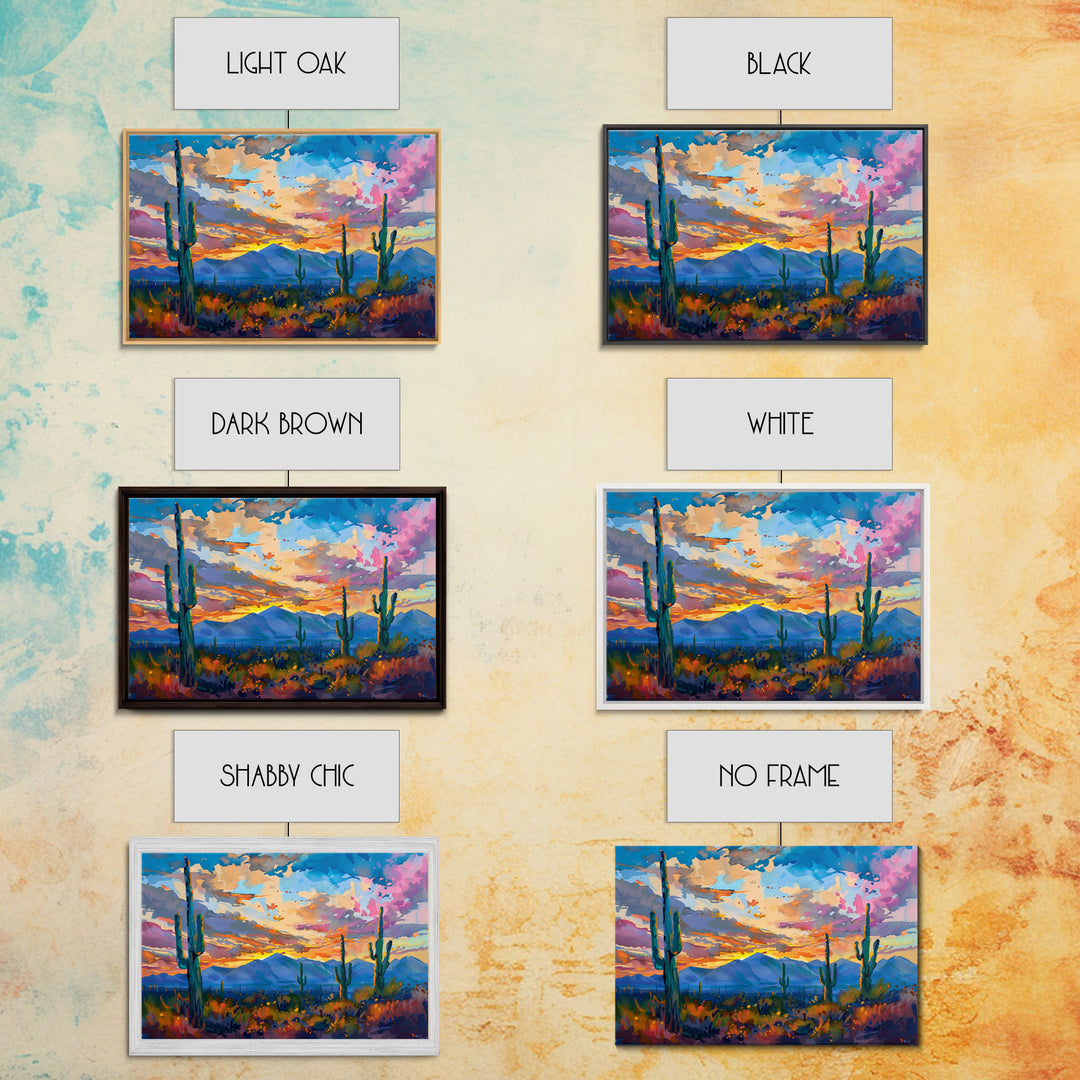 Cactus Under A Beautiful Sunset, Pop Art Style, Mid Century Modern Framed Canvas Print or Metal Art, Desert Scene Wall Art, Abstract Desert