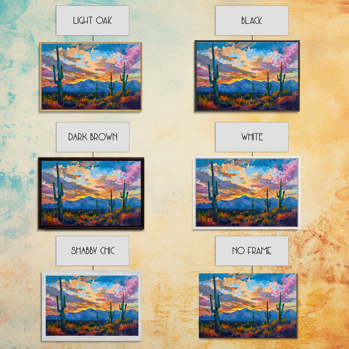 Cactus Under A Beautiful Sunset, Pop Art Style, Mid Century Modern Framed Canvas Print or Metal Art, Desert Scene Wall Art, Abstract Desert