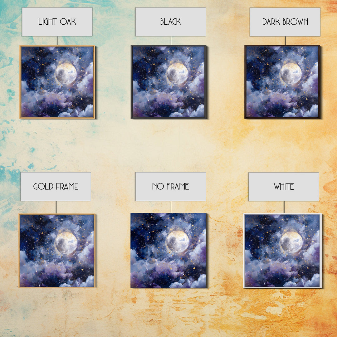 Celestial Moon and Stars Artwork Framed Canvas Print, Wall Art, Gallery Decor, Living Room Decor, Fine Art, Home Decor, WAL-1x1-62