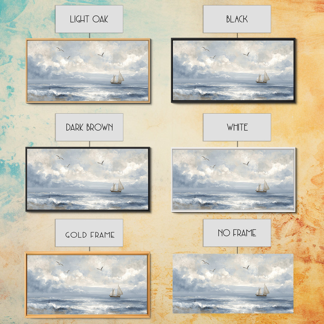 Classic Seascape with Dramatic Clouds Framed Canvas Print, Wall Art, Wall Hangings, Living Room Decor, Watercolor Art, WAL-2x1-23