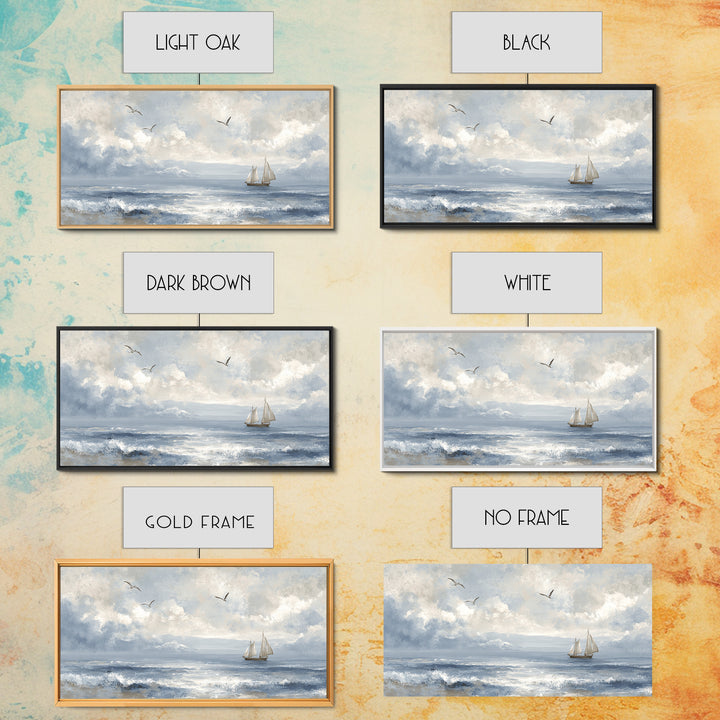 Classic Seascape with Dramatic Clouds Framed Canvas Print, Wall Art, Wall Hangings, Living Room Decor, Watercolor Art, WAL-2x1-23