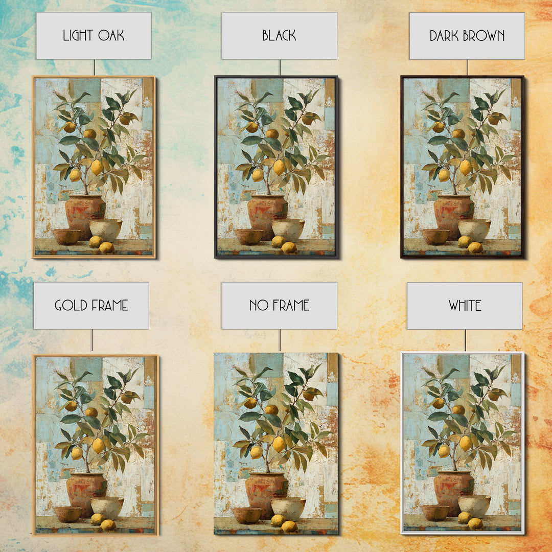 Mediterranean Lemon Branch Still Life Framed Canvas Print, Wall Art, Minimalist Decor, Living Room Decor, Oil Painting, WAL-2x3-6