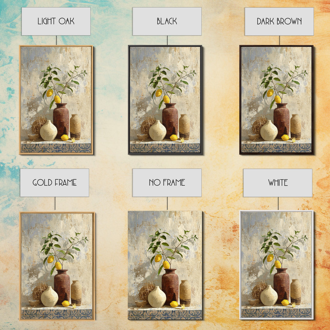 Mediterranean Lemon Branch Still Life Framed Canvas Print, Wall Art, Canvas, Living Room Decor, Watercolor Art, WAL-2x3-78