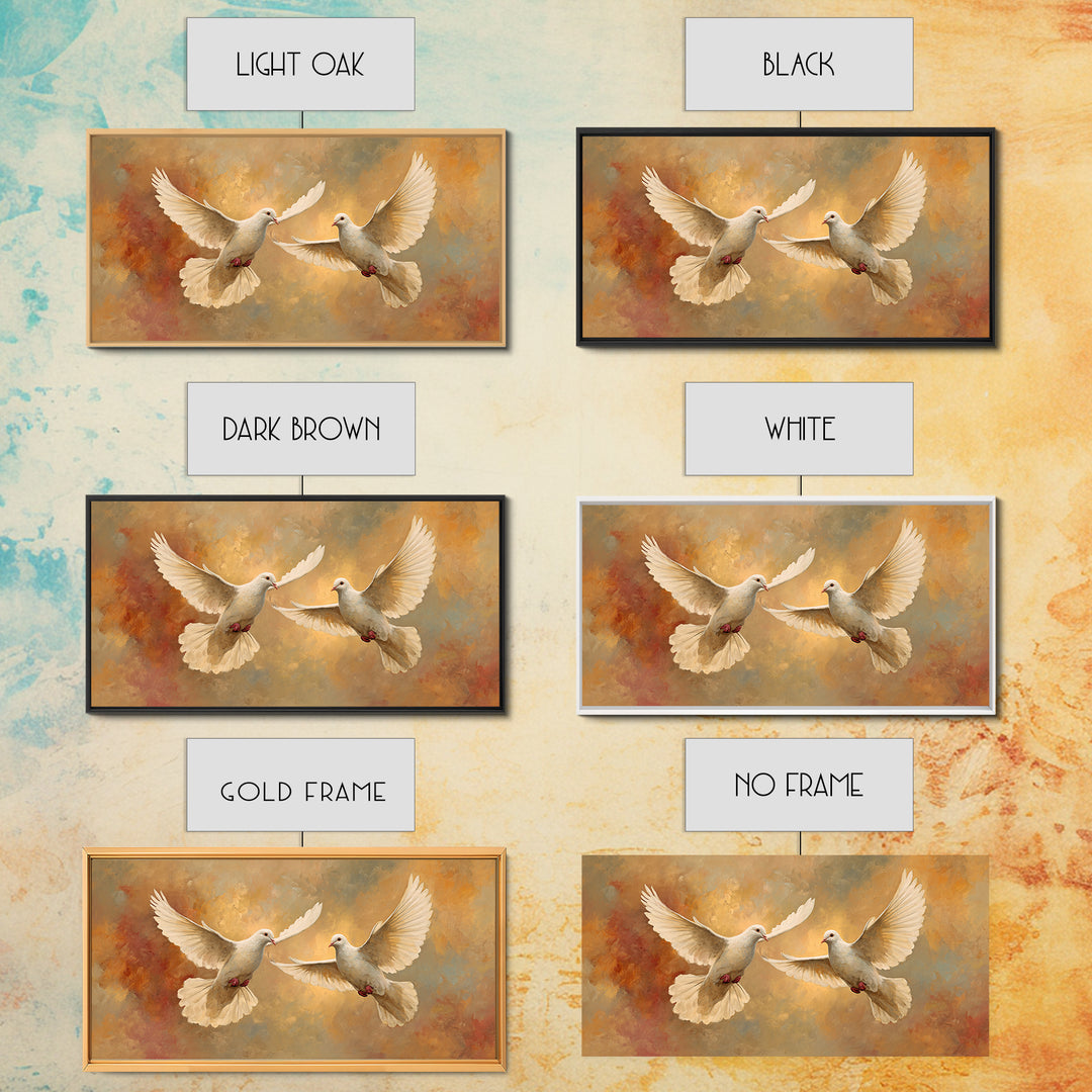 Doves Flying Through Soft Golden Light Framed Canvas Print, Wedding Art, Contemporary Art, Living Room Decor, Fine Art, Romance, WED-2x1-7