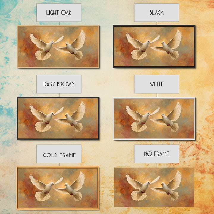 Doves Flying Through Soft Golden Light Framed Canvas Print, Wedding Art, Contemporary Art, Living Room Decor, Fine Art, Romance, WED-2x1-7