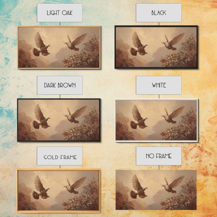 Doves Flying Through Soft Golden Light Framed Canvas Print, Wedding Art, Beach Wedding, Living Room Decor, Fine Art, Romance, WED-2x1-79