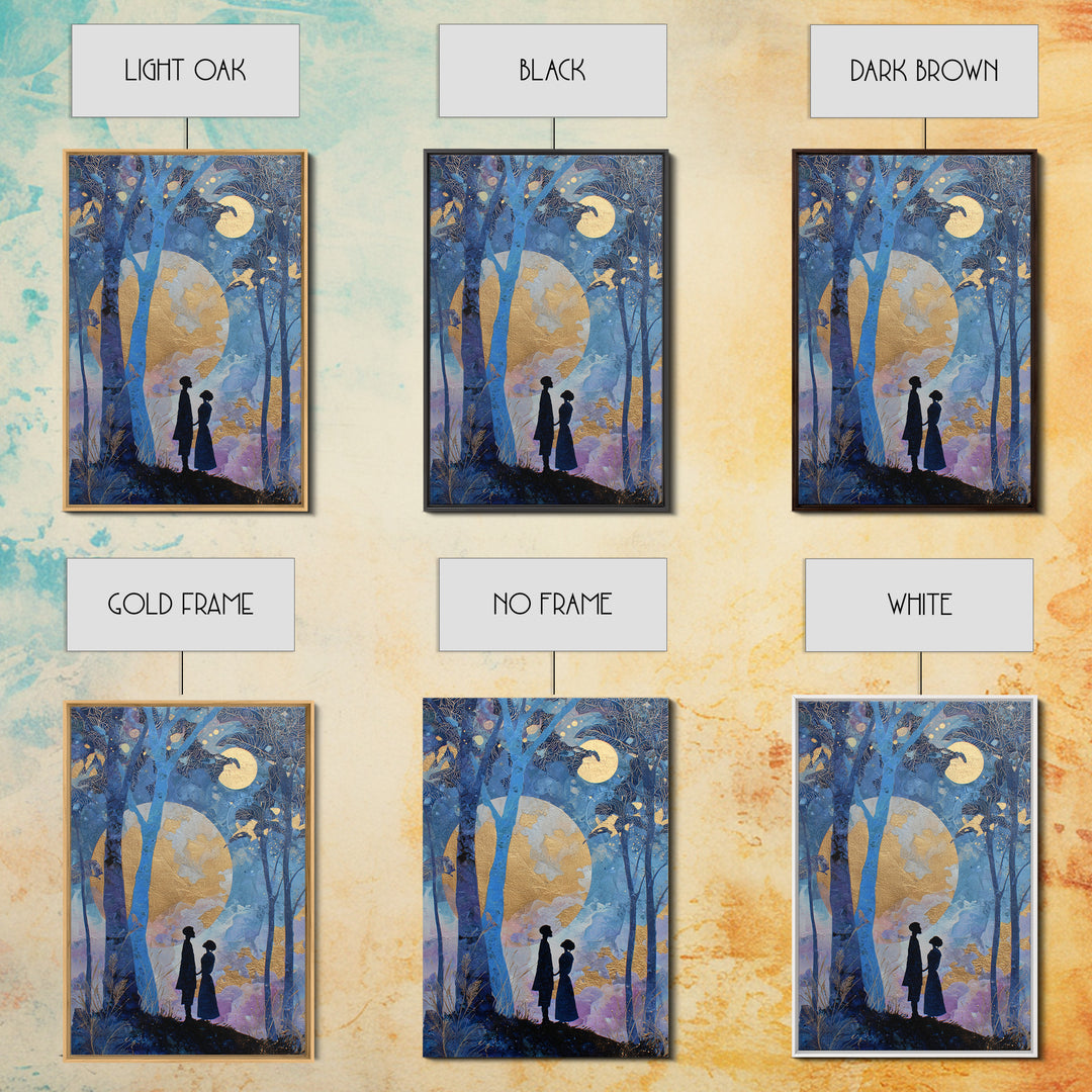 Couple Silhouette Beneath Moonlit Trees Framed Canvas Print, Wedding Art, Room Decor, Living Room Decor, Fine Art, Romance, WED-2x3-13