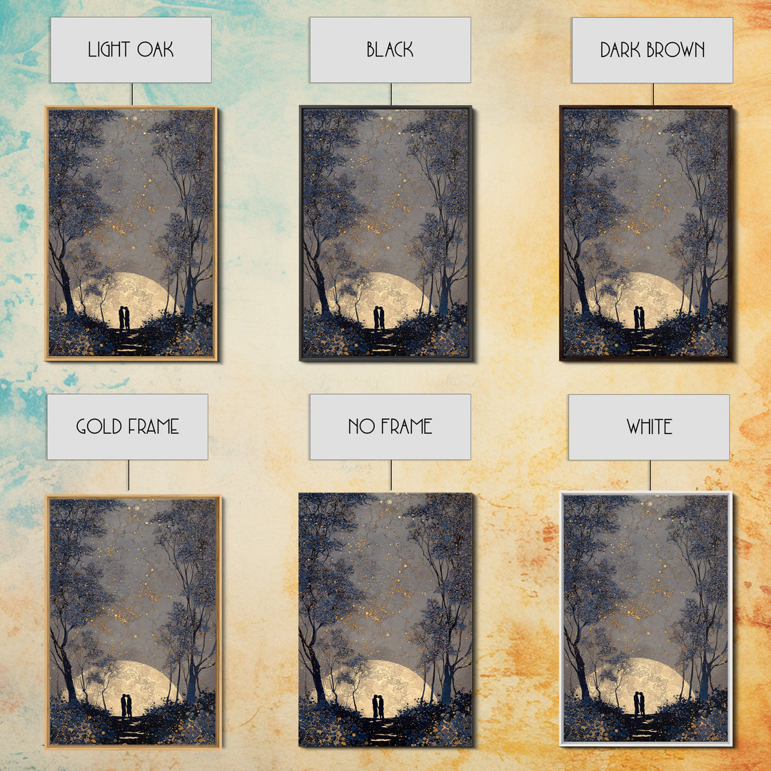Couple Silhouette Beneath Moonlit Trees Framed Canvas Print, Wedding Art, Room Decor, Living Room Decor, Fine Art, Romance, WED-2x3-37