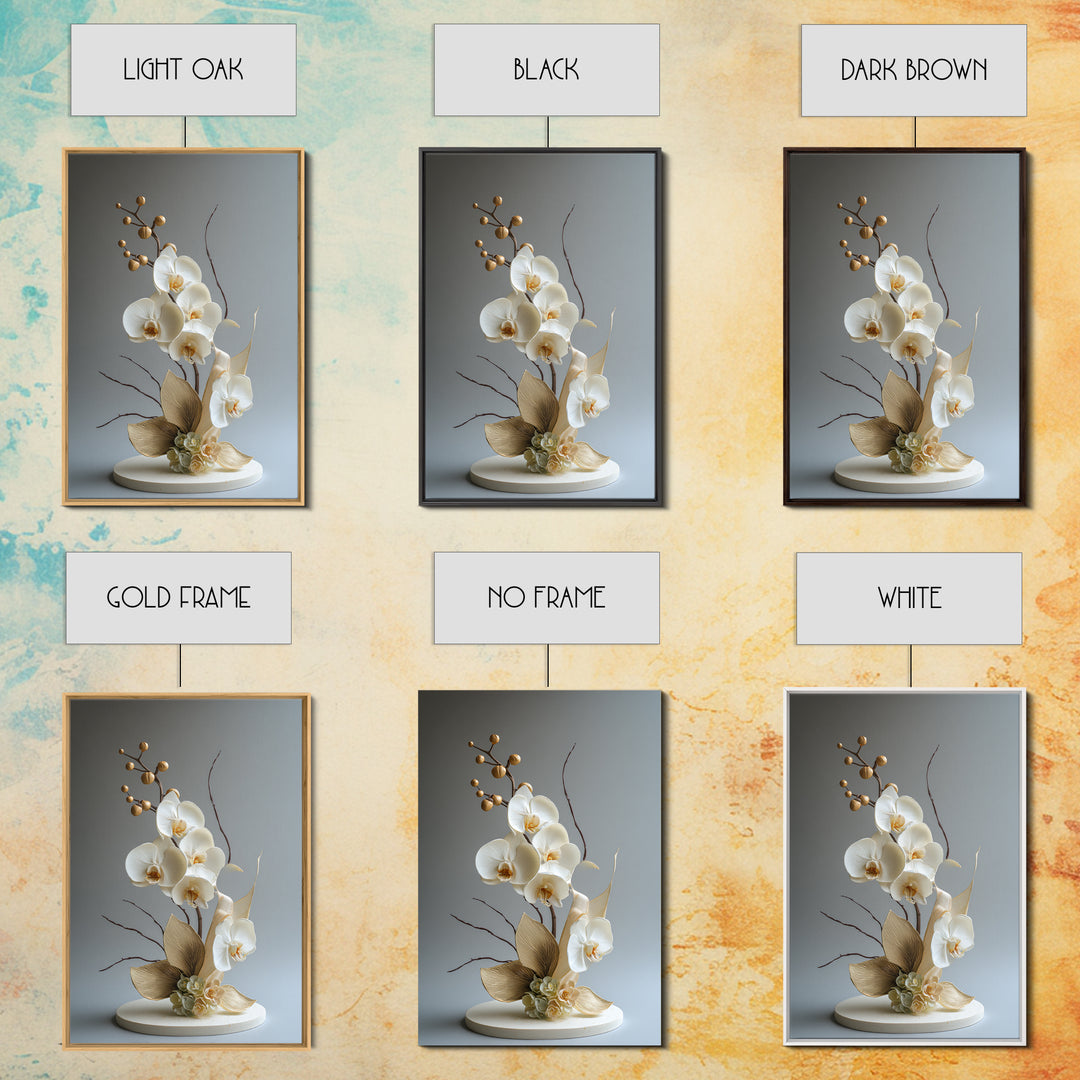 White Orchid and Gold Ribbon Composition Framed Canvas Print, Wedding Art, Custom Art, Living Room Decor, Oil Painting, Romance, WED-2x3-8