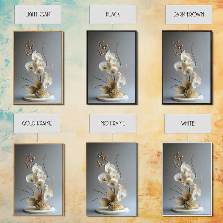 White Orchid and Gold Ribbon Composition Framed Canvas Print, Wedding Art, Custom Art, Living Room Decor, Oil Painting, Romance, WED-2x3-8